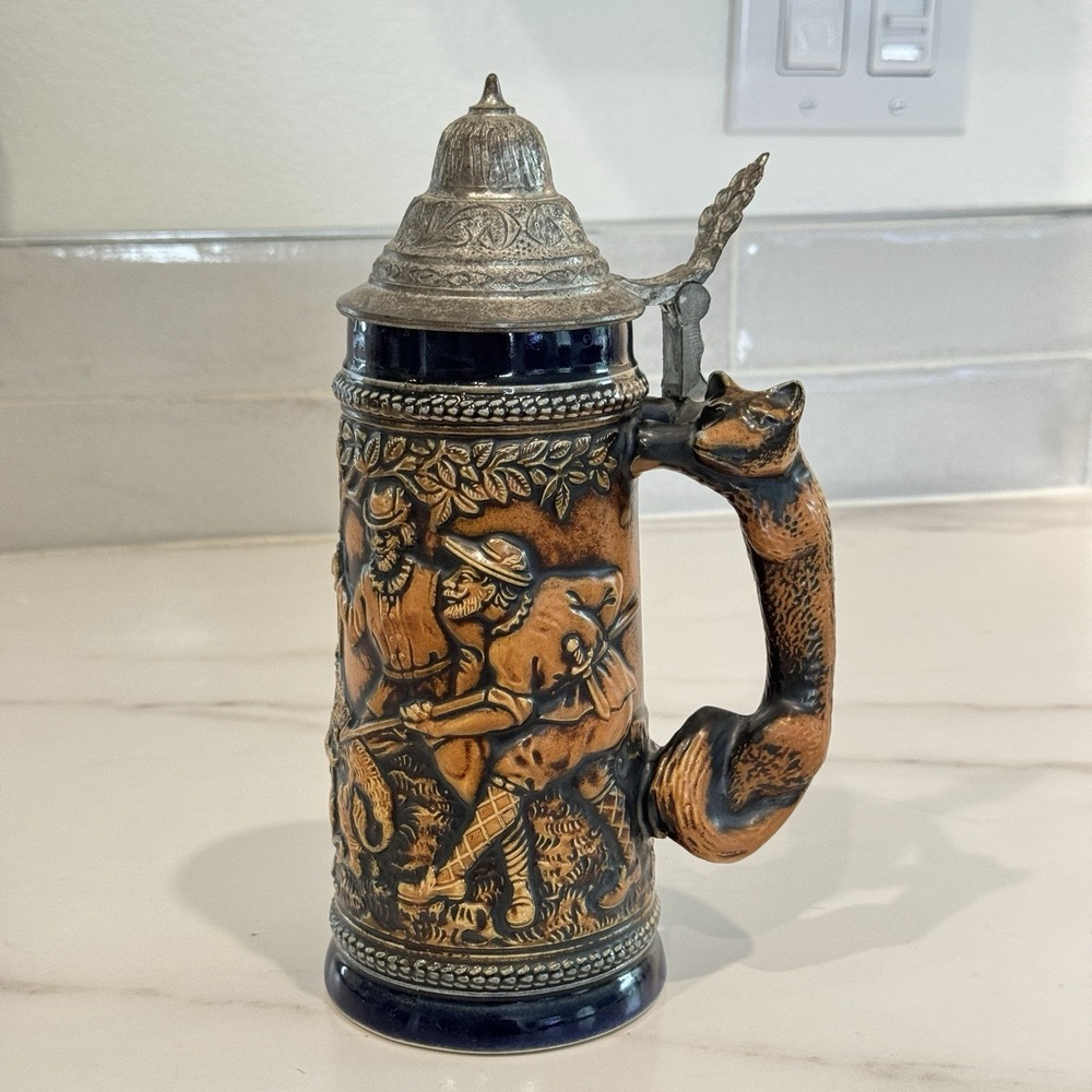 Vintage Original King 949 German Beer Stein Fox Handle Hunting Pewter Lid DBGM